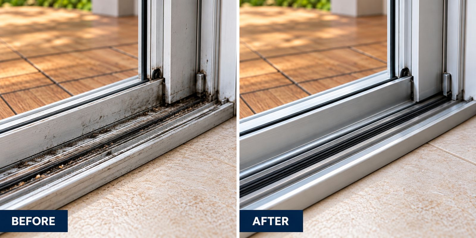 Side-by-side comparison showcasing a sliding door aluminum track before and after deep cleaning and refurbishment, contrasting a track heavily clogged with dirt, debris, and grime on the left with a perfectly cleaned, polished, and smooth track on the right.