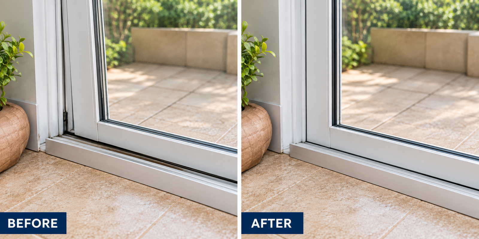 Side-by-side comparison showing a patio sliding glass door before and after roller repair, where the left image displays a crooked, off-track door and the right image highlights a perfectly aligned, level door sitting smoothly in its track.