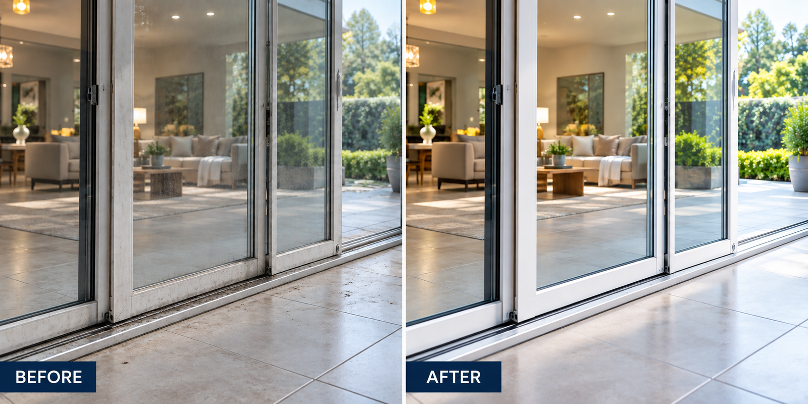 Shows a before and after of the sliding door from rusty to newly cleaned sliding door
