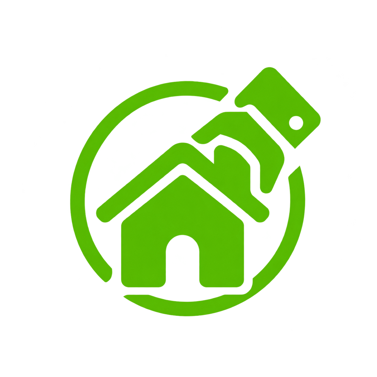 Green icon featuring a simplified house shape with an overlapping sliding door silhouette inside a circular border, representing sliding door repair services.